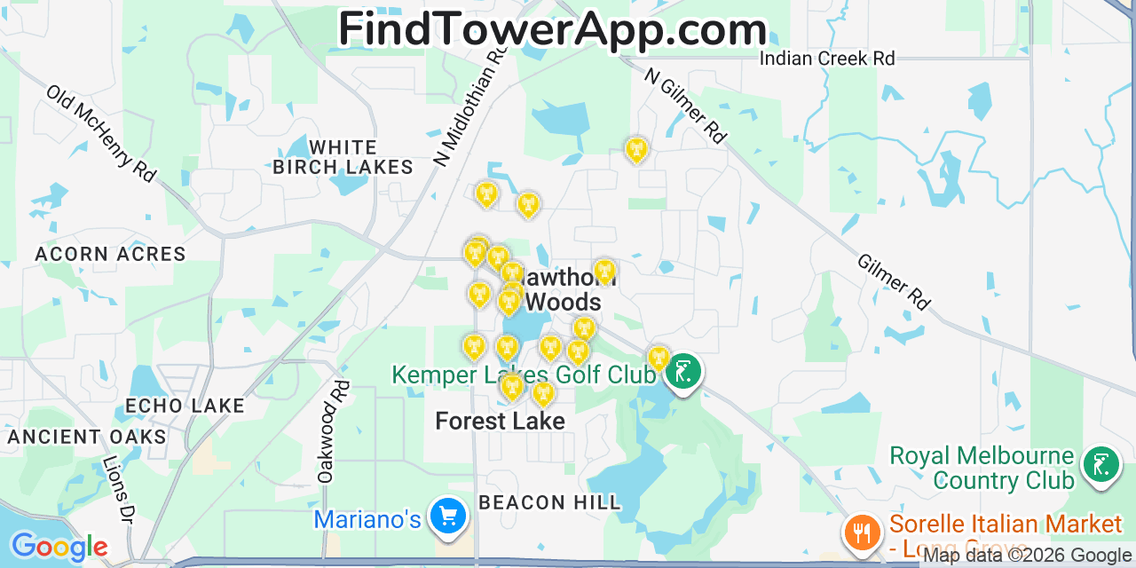 Map showing the 20 primary cell tower locations detected in Hawthorn Woods, Illinois from AT&T, Verizon, and T-Mobile networks