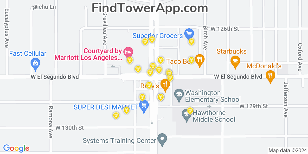 AT&T 4G/5G cell tower coverage map Hawthorne, California