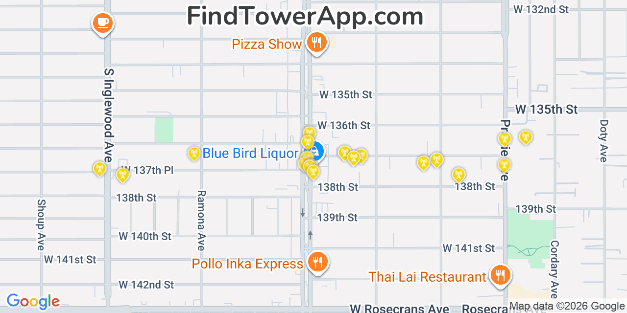 Map showing the 20 primary cell tower locations detected in Hawthorne, California from AT&T, Verizon, and T-Mobile networks