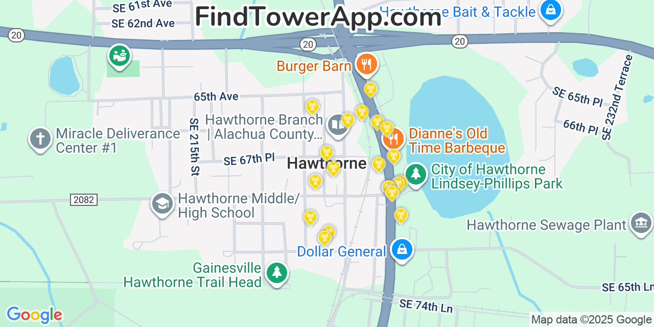 Map showing the 20 primary cell tower locations detected in Hawthorne, Florida from AT&T, Verizon, and T-Mobile networks