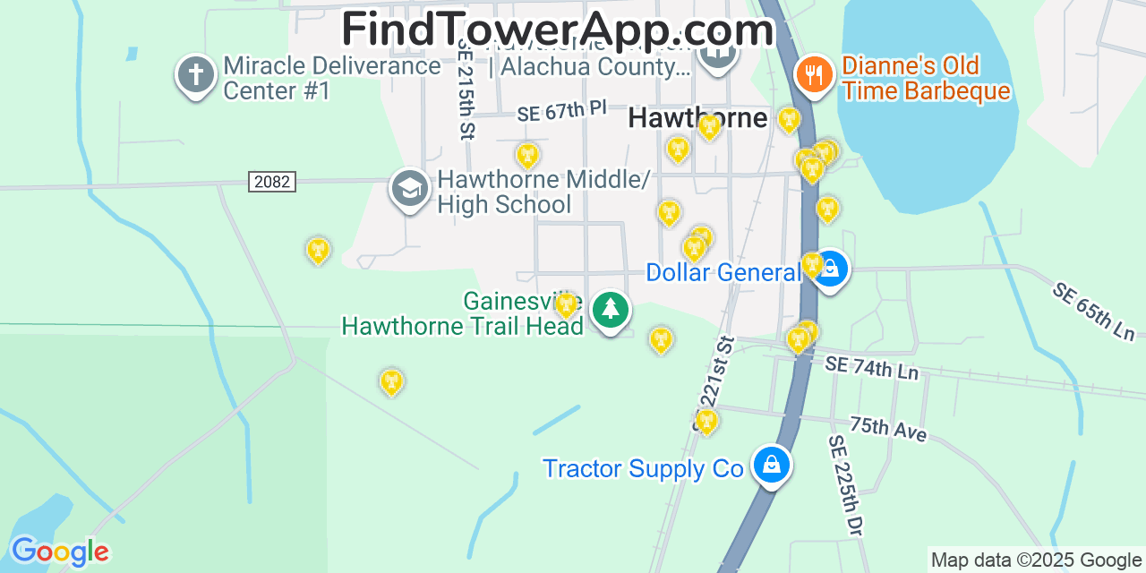 Map showing the 20 primary cell tower locations detected in Hawthorne, Florida from AT&T, Verizon, and T-Mobile networks