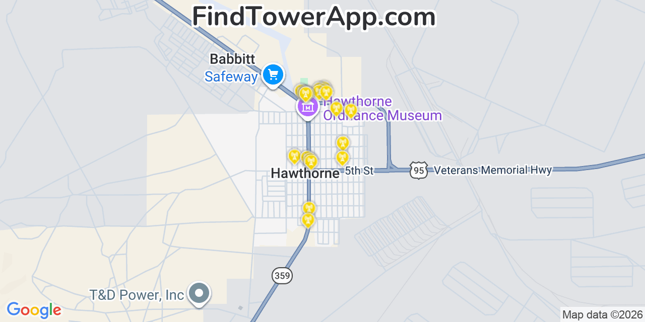 Map showing the 20 primary cell tower locations detected in Hawthorne, Nevada from AT&T, Verizon, and T-Mobile networks