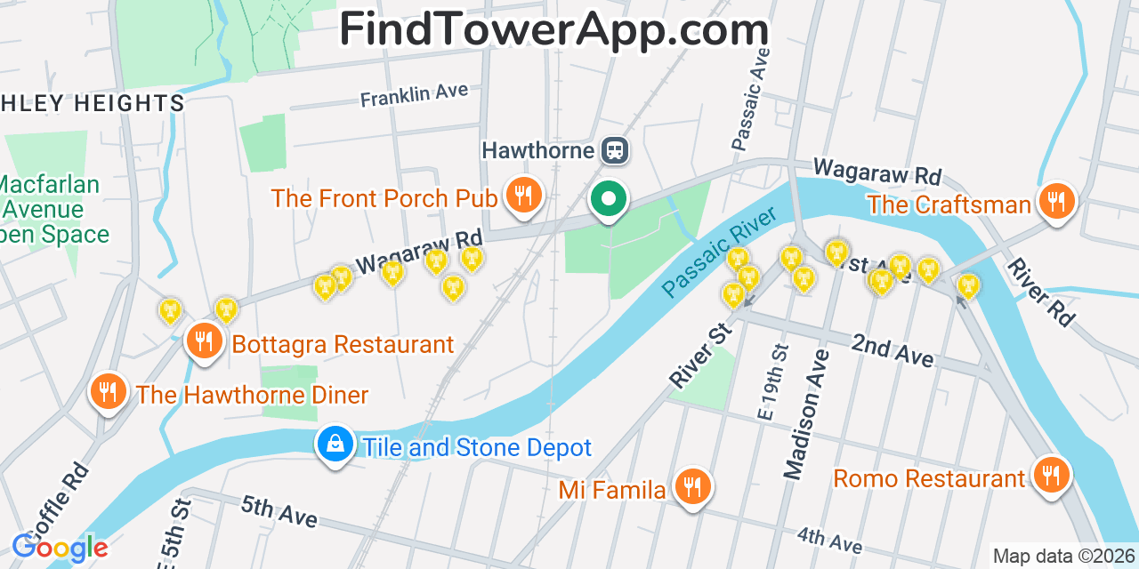 Map showing the 20 primary cell tower locations detected in Hawthorne, New Jersey from AT&T, Verizon, and T-Mobile networks
