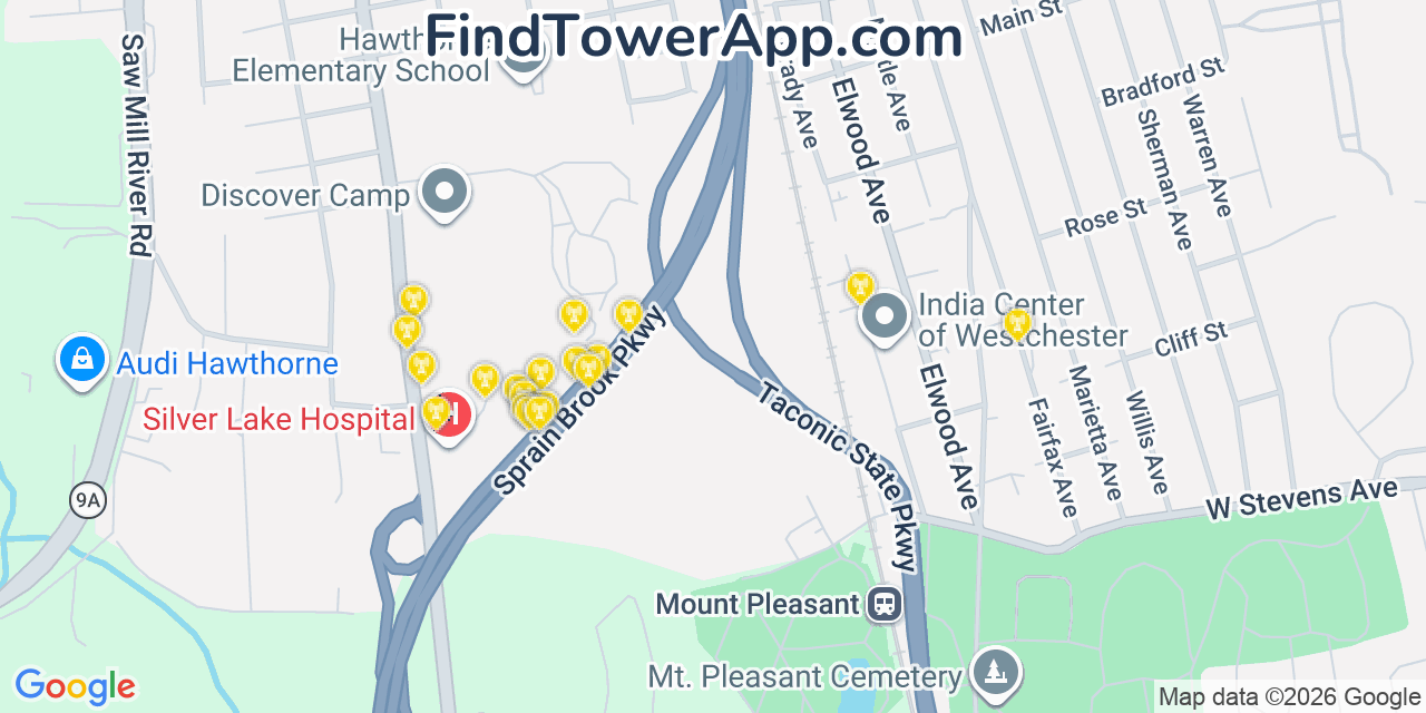 Map showing the 20 primary cell tower locations detected in Hawthorne, New York from AT&T, Verizon, and T-Mobile networks
