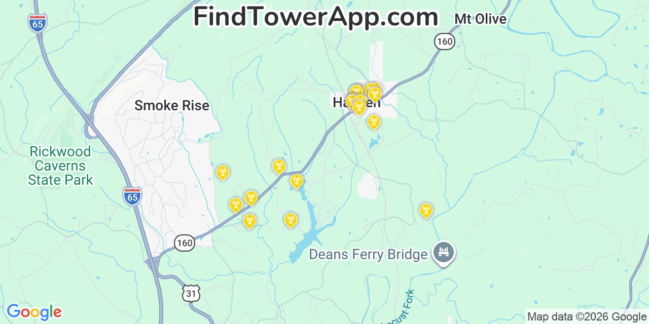 Map showing the 20 primary cell tower locations detected in Hayden, Alabama from AT&T, Verizon, and T-Mobile networks