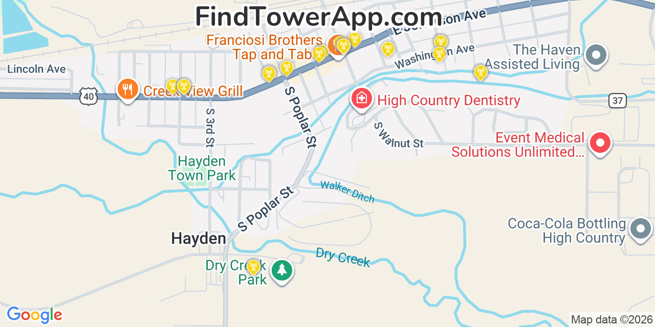 Map showing the 20 primary cell tower locations detected in Hayden, Colorado from AT&T, Verizon, and T-Mobile networks