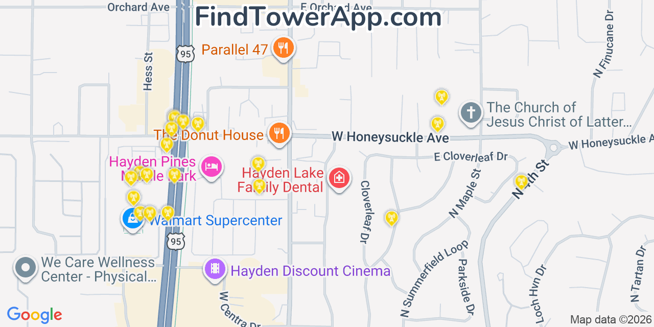 Map showing the 20 primary cell tower locations detected in Hayden, Idaho from AT&T, Verizon, and T-Mobile networks