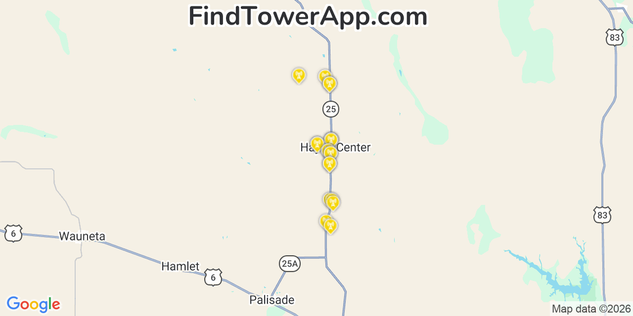 Map showing the 20 primary cell tower locations detected in Hayes Center, Nebraska from AT&T, Verizon, and T-Mobile networks