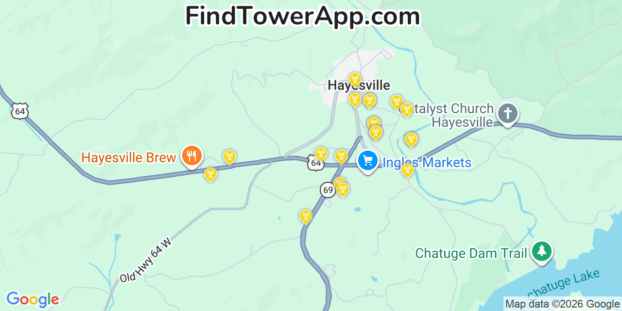 Map showing the 20 primary cell tower locations detected in Hayesville, North Carolina from AT&T, Verizon, and T-Mobile networks