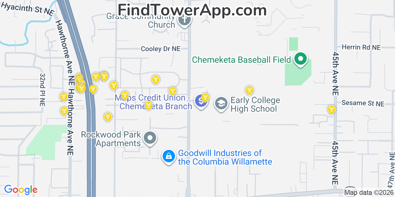 Map showing the 20 primary cell tower locations detected in Hayesville, Oregon from AT&T, Verizon, and T-Mobile networks