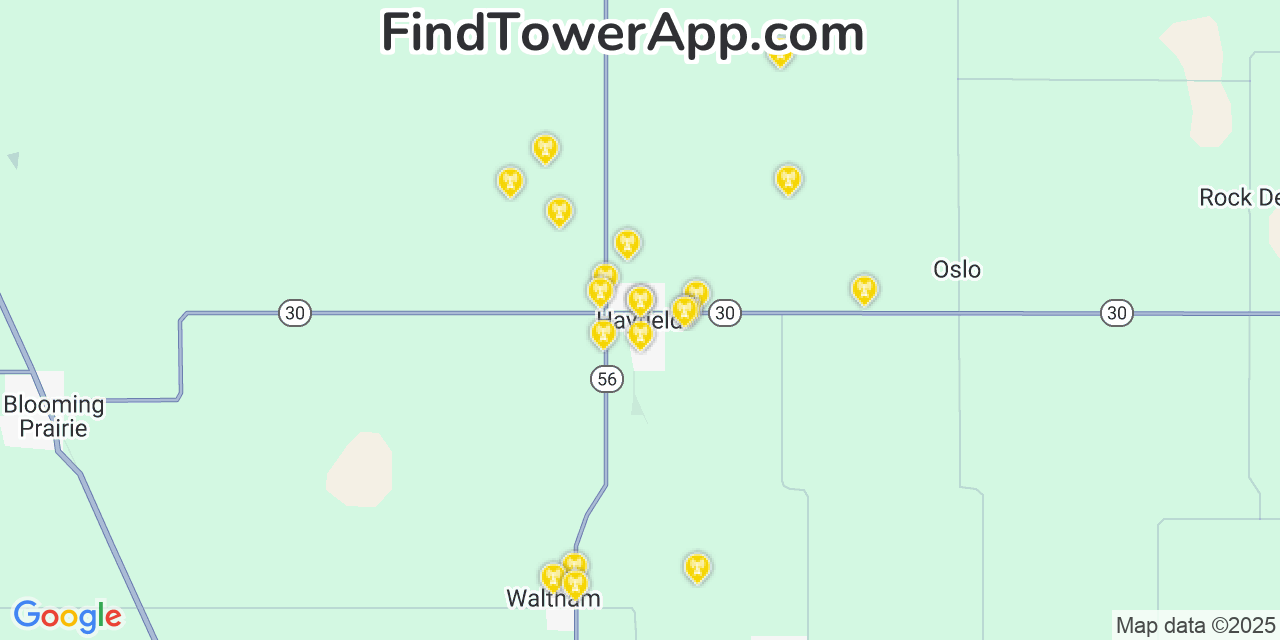 Map showing the 20 primary cell tower locations detected in Hayfield, Minnesota from AT&T, Verizon, and T-Mobile networks