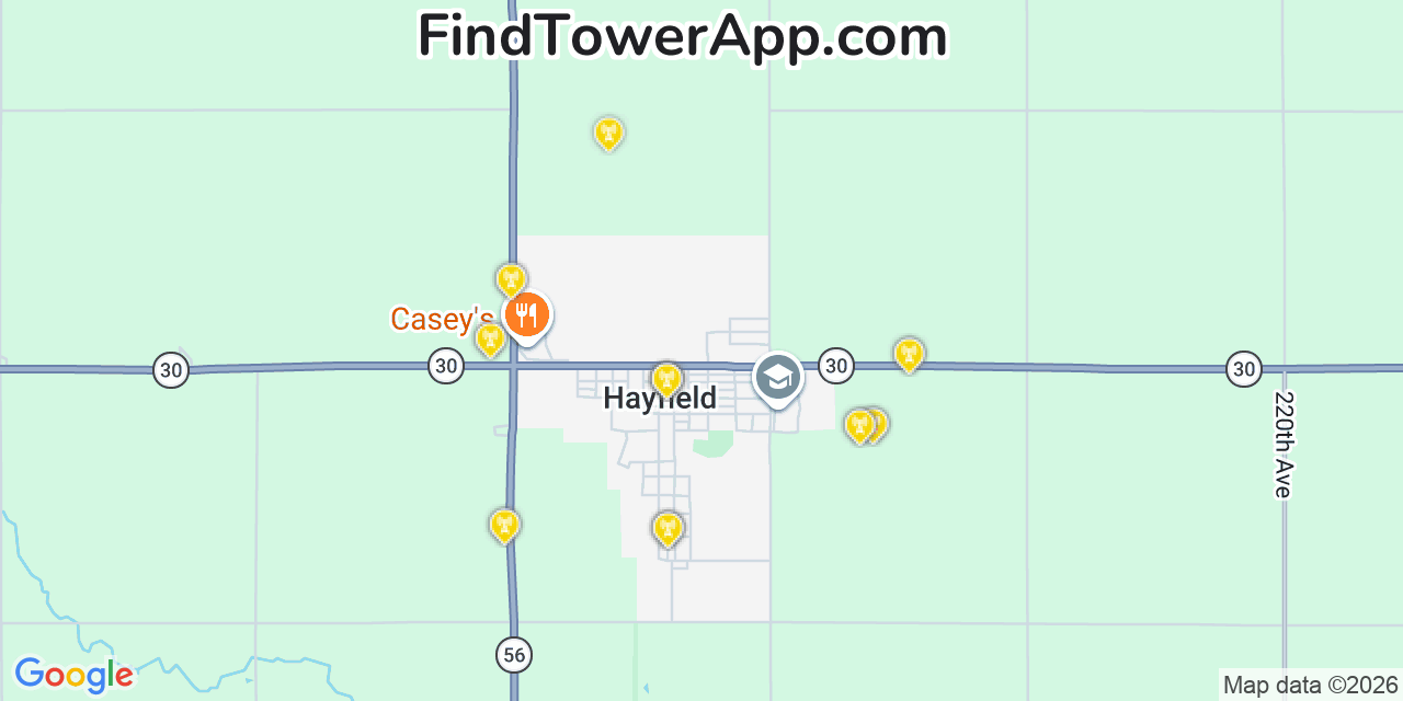 Map showing the 20 primary cell tower locations detected in Hayfield, Minnesota from AT&T, Verizon, and T-Mobile networks