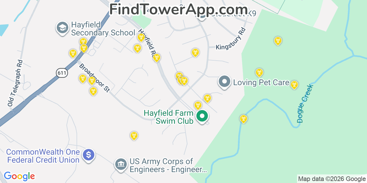 Map showing the 20 primary cell tower locations detected in Hayfield, Virginia from AT&T, Verizon, and T-Mobile networks