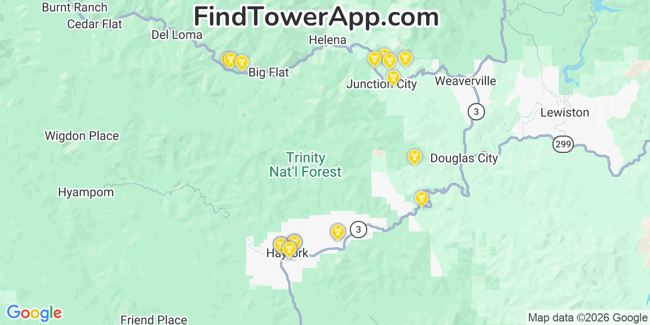 Map showing the 20 primary cell tower locations detected in Hayfork, California from AT&T, Verizon, and T-Mobile networks