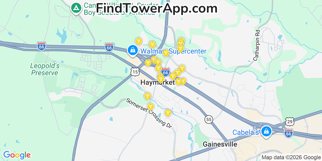 Map showing the 20 primary cell tower locations detected in Haymarket, Virginia from AT&T, Verizon, and T-Mobile networks