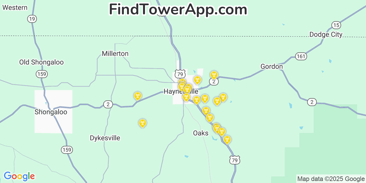 Map showing the 20 primary cell tower locations detected in Haynesville, Louisiana from AT&T, Verizon, and T-Mobile networks