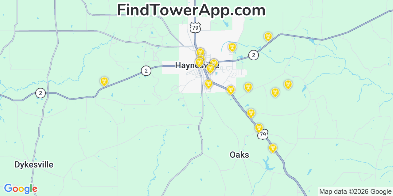 Map showing the 20 primary cell tower locations detected in Haynesville, Louisiana from AT&T, Verizon, and T-Mobile networks
