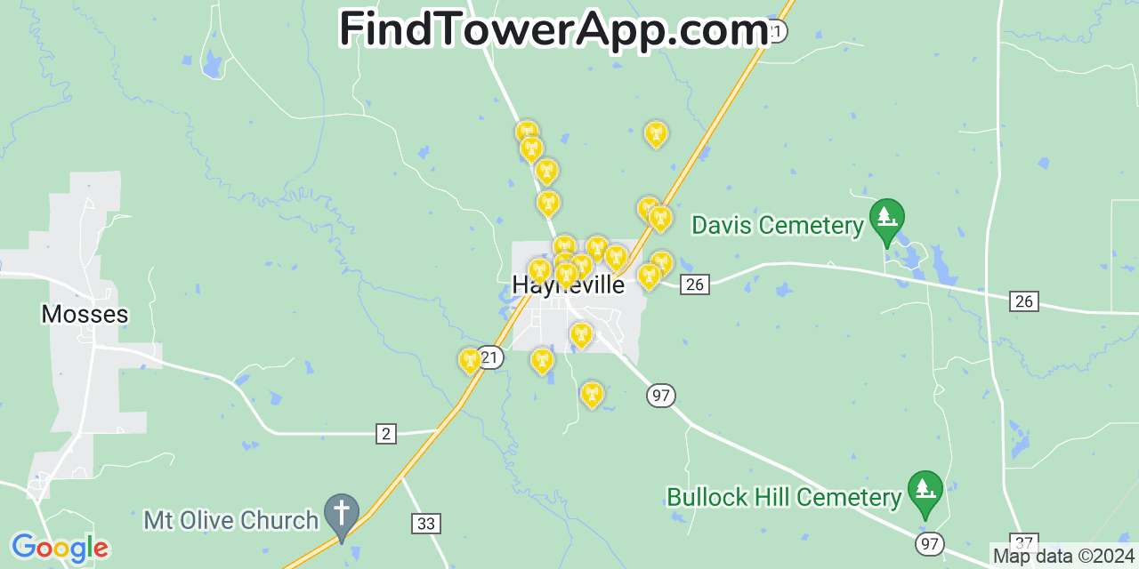 AT&T 4G/5G cell tower coverage map Hayneville, Alabama