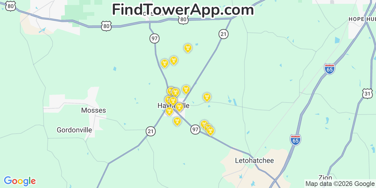 Map showing the 20 primary cell tower locations detected in Hayneville, Alabama from AT&T, Verizon, and T-Mobile networks
