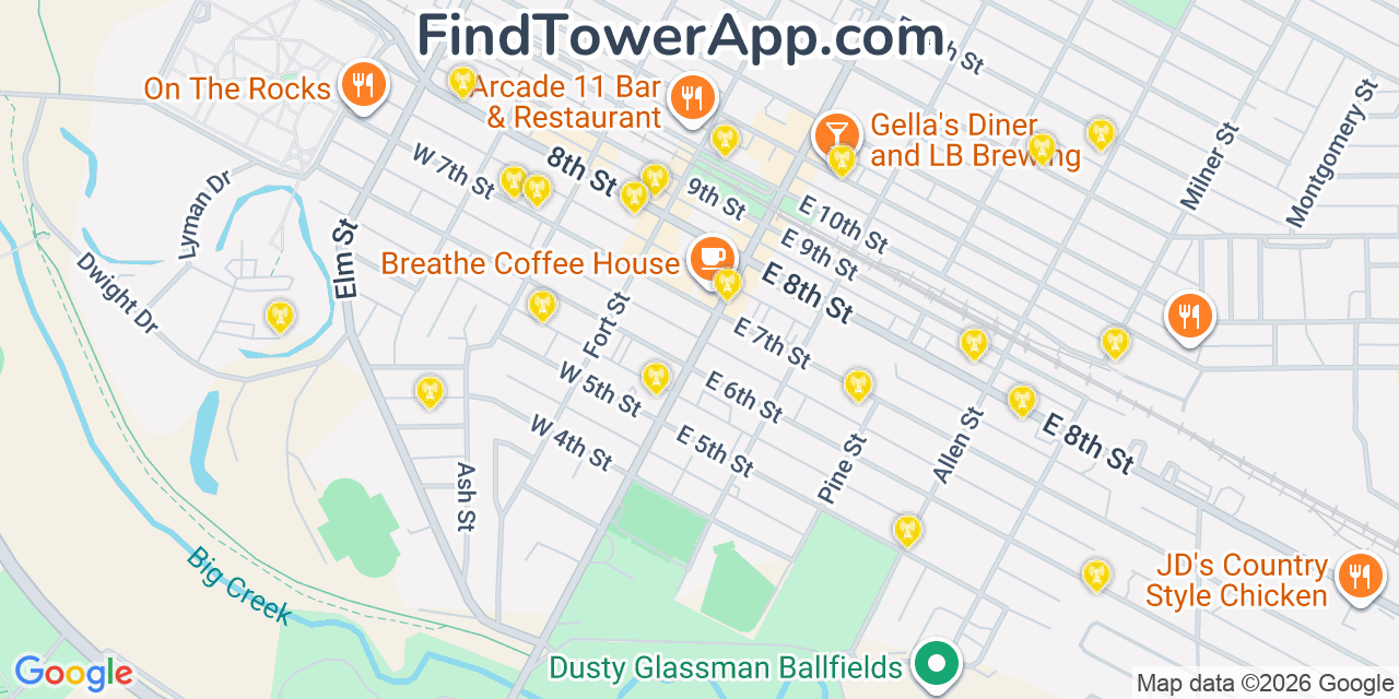 Map showing the 20 primary cell tower locations detected in Hays, Kansas from AT&T, Verizon, and T-Mobile networks