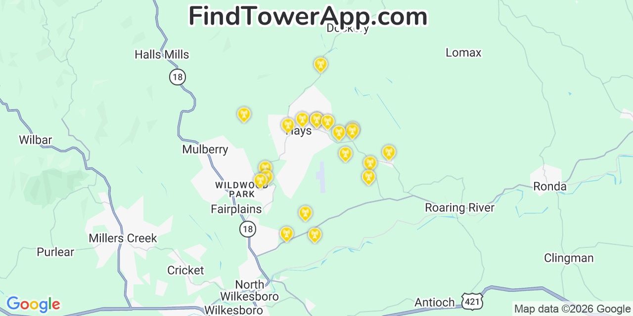 Map showing the 20 primary cell tower locations detected in Hays, North Carolina from AT&T, Verizon, and T-Mobile networks