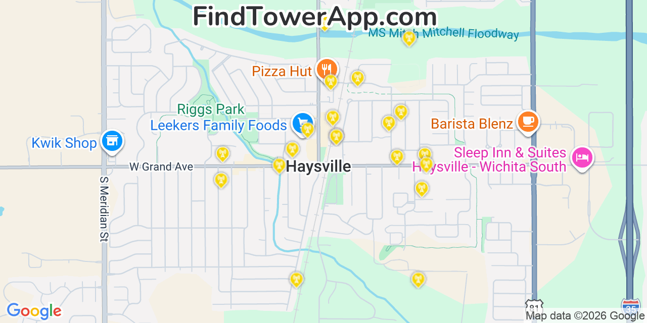 Map showing the 20 primary cell tower locations detected in Haysville, Kansas from AT&T, Verizon, and T-Mobile networks