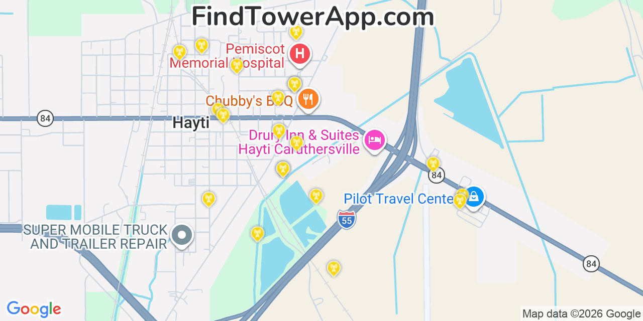 Map showing the 20 primary cell tower locations detected in Hayti, Missouri from AT&T, Verizon, and T-Mobile networks