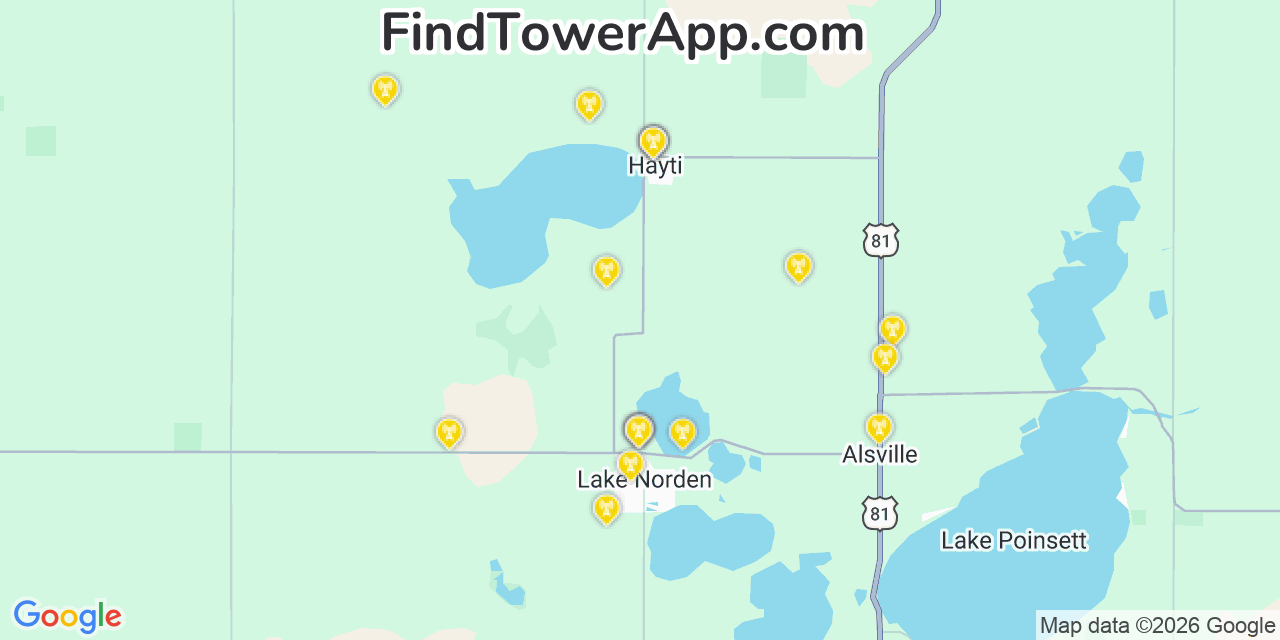 Map showing the 20 primary cell tower locations detected in Hayti, South Dakota from AT&T, Verizon, and T-Mobile networks