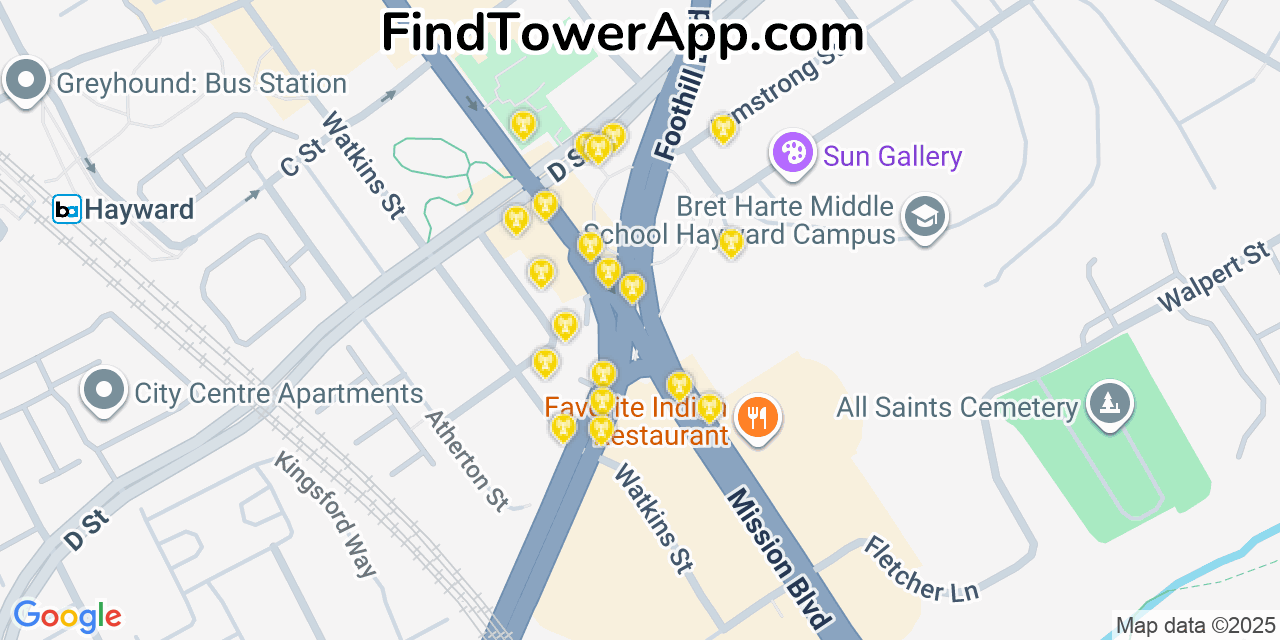 Map showing the 20 primary cell tower locations detected in Hayward, California from AT&T, Verizon, and T-Mobile networks