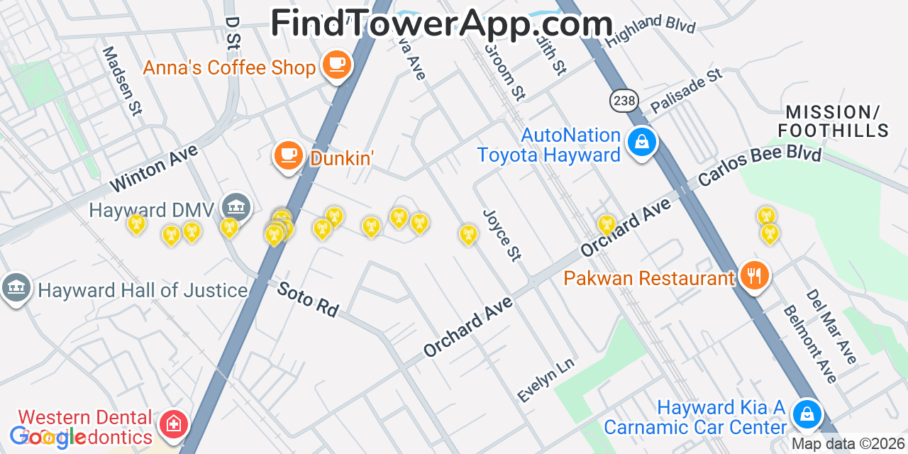 Map showing the 20 primary cell tower locations detected in Hayward, California from AT&T, Verizon, and T-Mobile networks