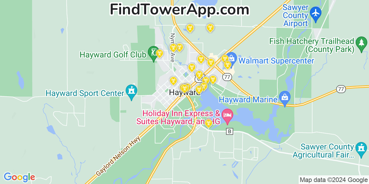 AT&T 4G/5G cell tower coverage map Hayward, Wisconsin