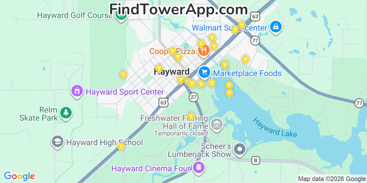Map showing the 20 primary cell tower locations detected in Hayward, Wisconsin from AT&T, Verizon, and T-Mobile networks
