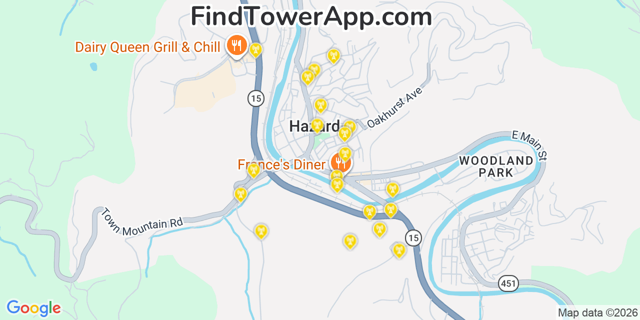 Map showing the 20 primary cell tower locations detected in Hazard, Kentucky from AT&T, Verizon, and T-Mobile networks