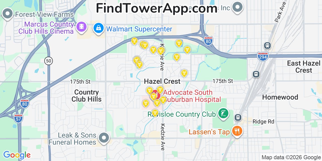 Map showing the 20 primary cell tower locations detected in Hazel Crest, Illinois from AT&T, Verizon, and T-Mobile networks