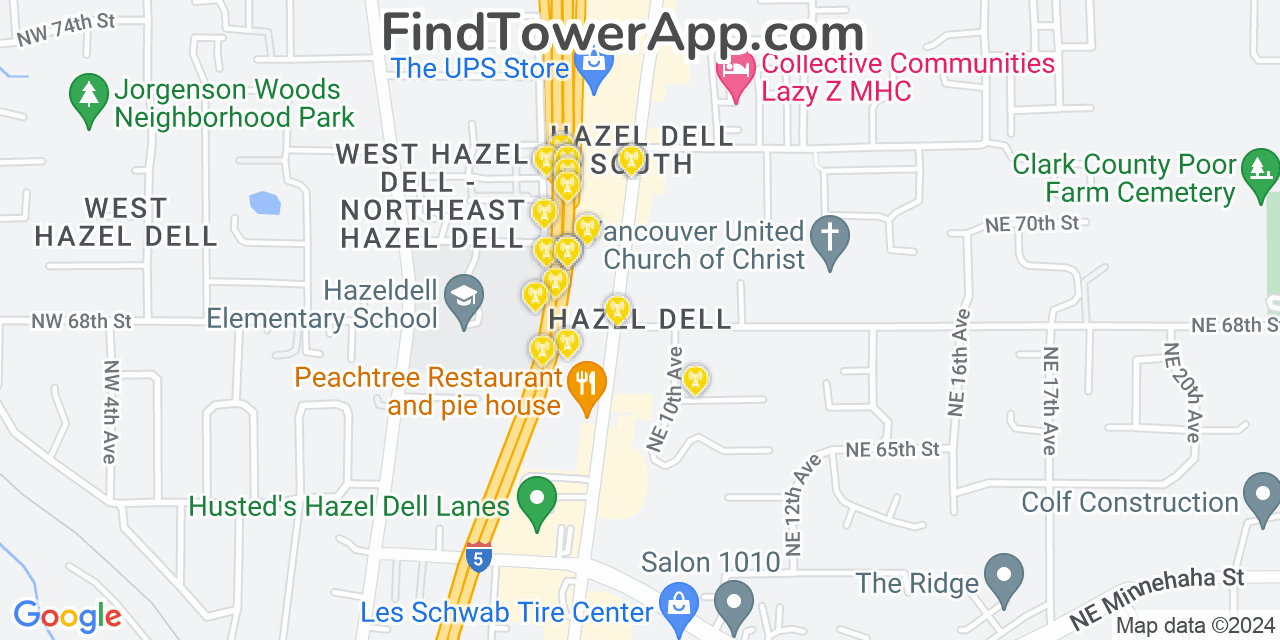 AT&T 4G/5G cell tower coverage map Hazel Dell, Washington