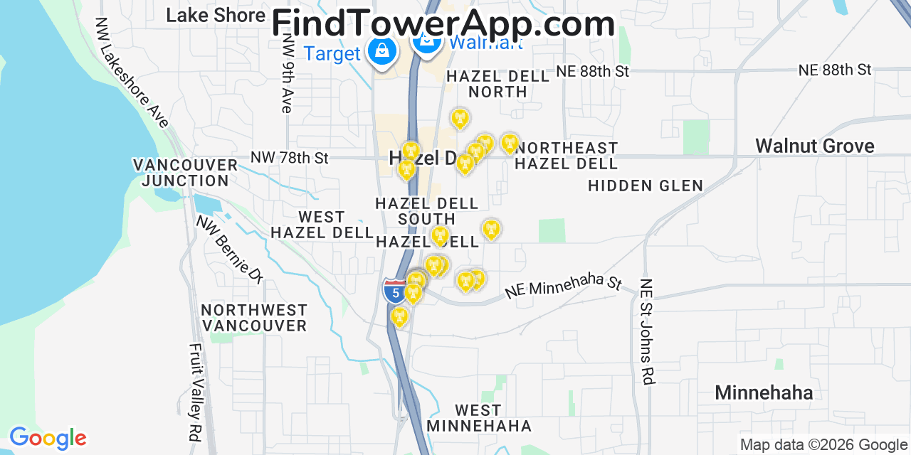 Map showing the 20 primary cell tower locations detected in Hazel Dell, Washington from AT&T, Verizon, and T-Mobile networks