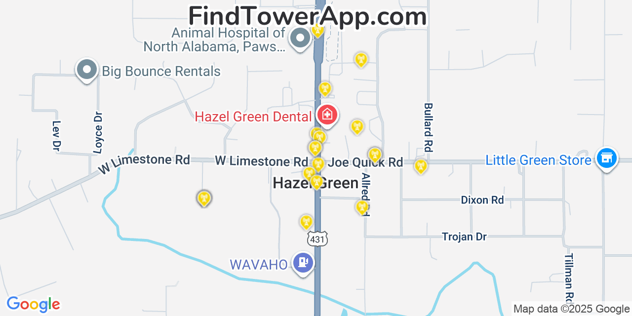 Map showing the 20 primary cell tower locations detected in Hazel Green, Alabama from AT&T, Verizon, and T-Mobile networks