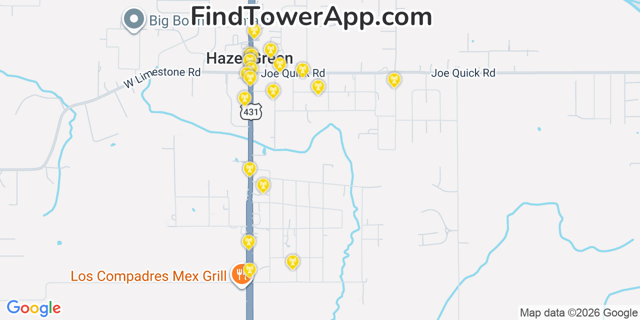 Map showing the 20 primary cell tower locations detected in Hazel Green, Alabama from AT&T, Verizon, and T-Mobile networks