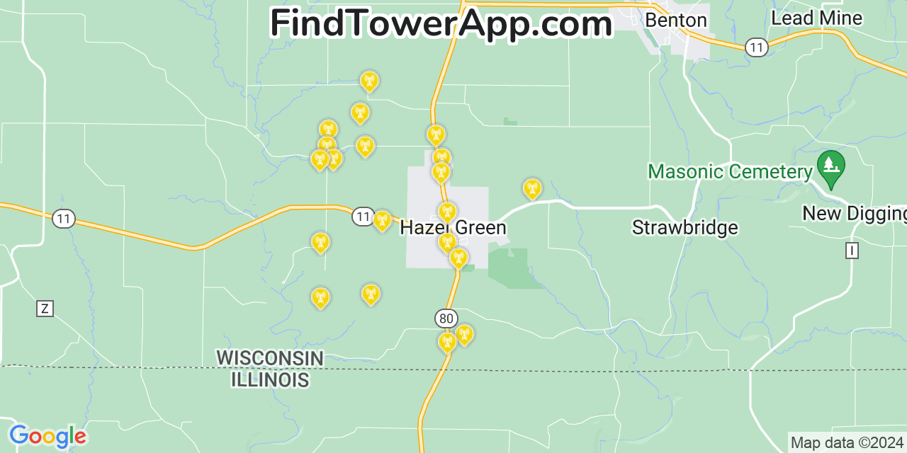 AT&T 4G/5G cell tower coverage map Hazel Green, Wisconsin