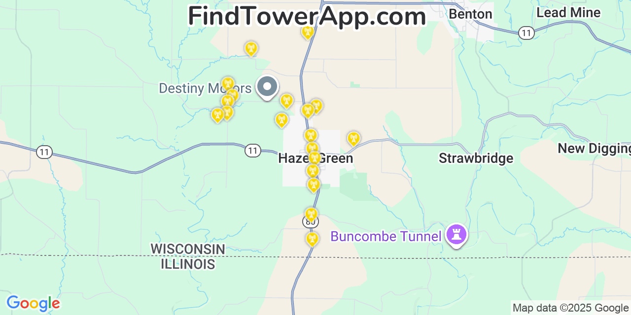 Map showing the 20 primary cell tower locations detected in Hazel Green, Wisconsin from AT&T, Verizon, and T-Mobile networks