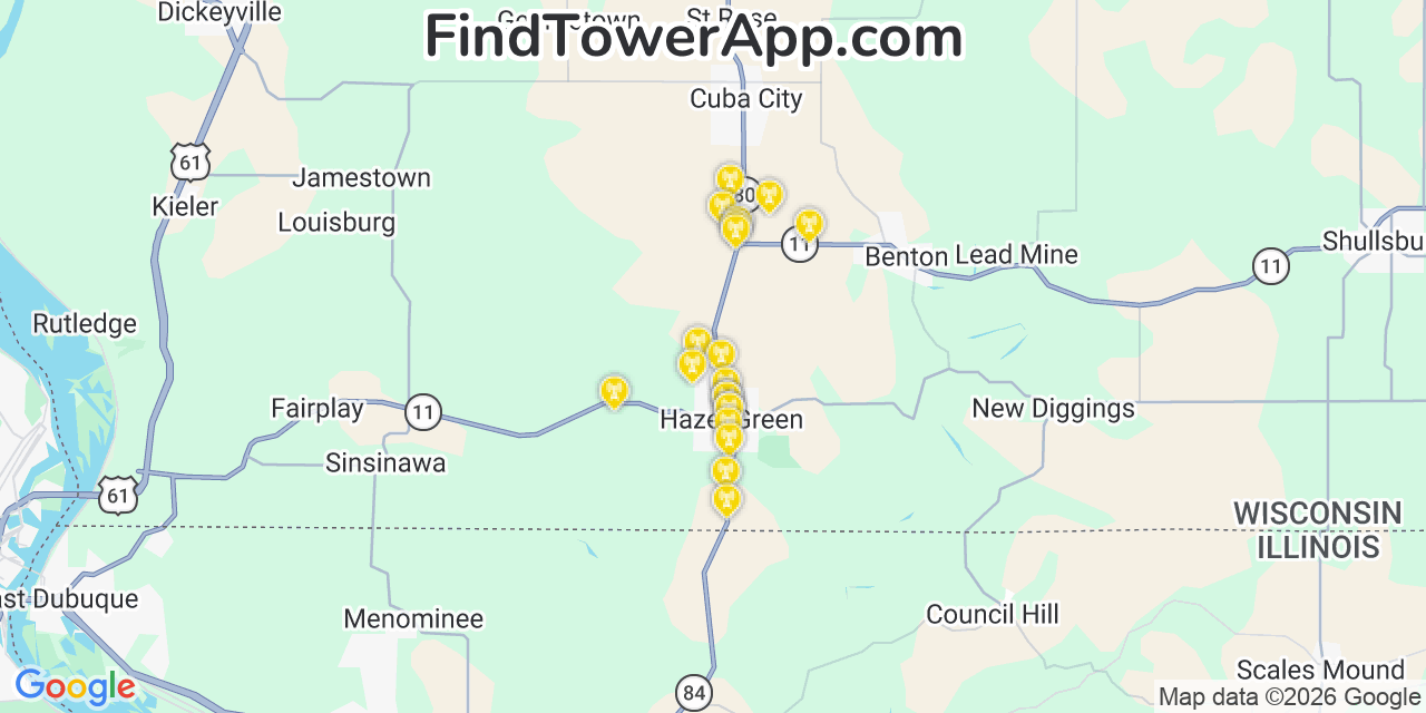 Map showing the 20 primary cell tower locations detected in Hazel Green, Wisconsin from AT&T, Verizon, and T-Mobile networks