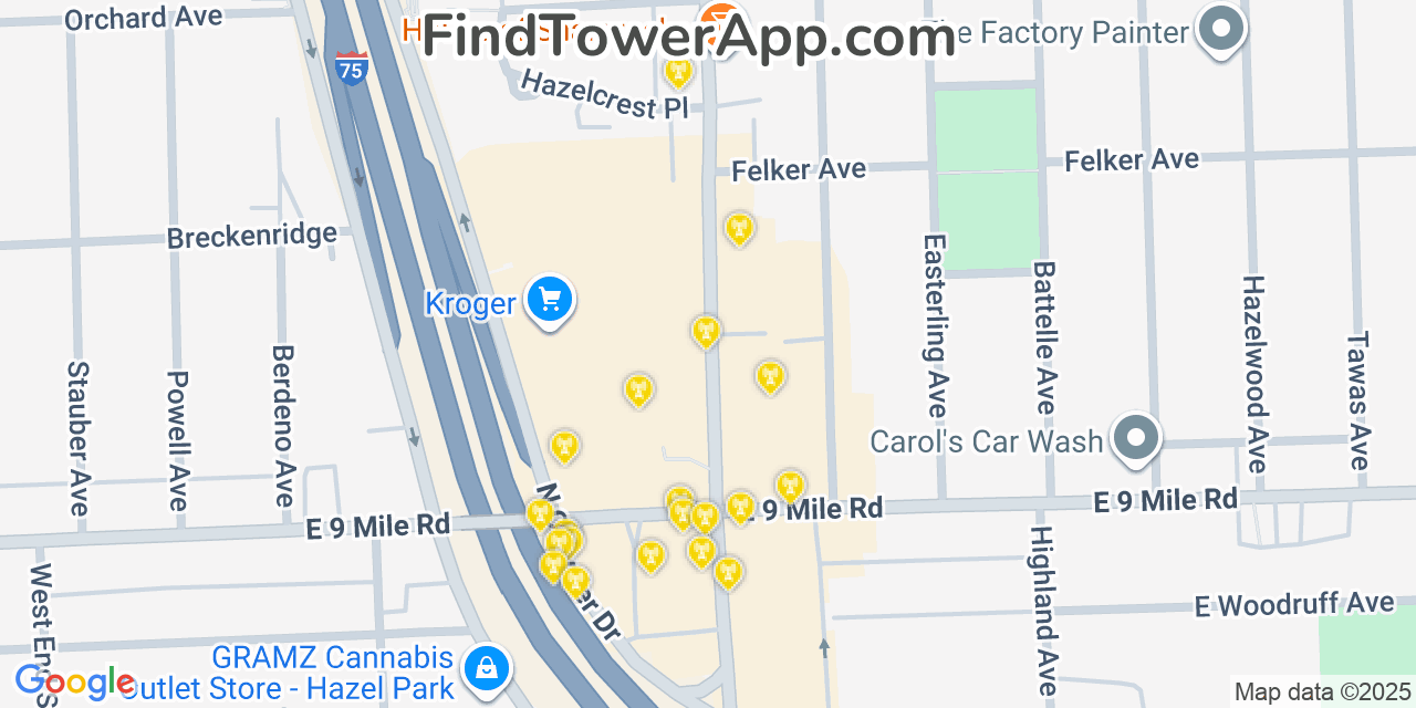 Map showing the 20 primary cell tower locations detected in Hazel Park, Michigan from AT&T, Verizon, and T-Mobile networks