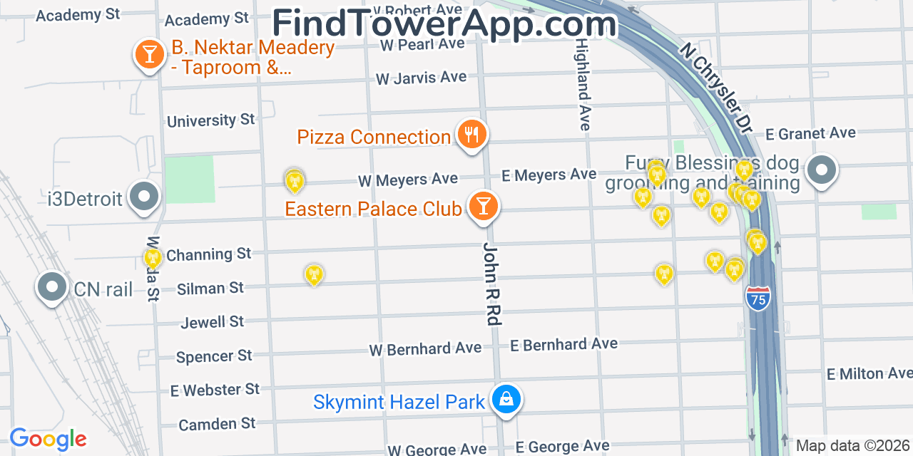 Map showing the 20 primary cell tower locations detected in Hazel Park, Michigan from AT&T, Verizon, and T-Mobile networks
