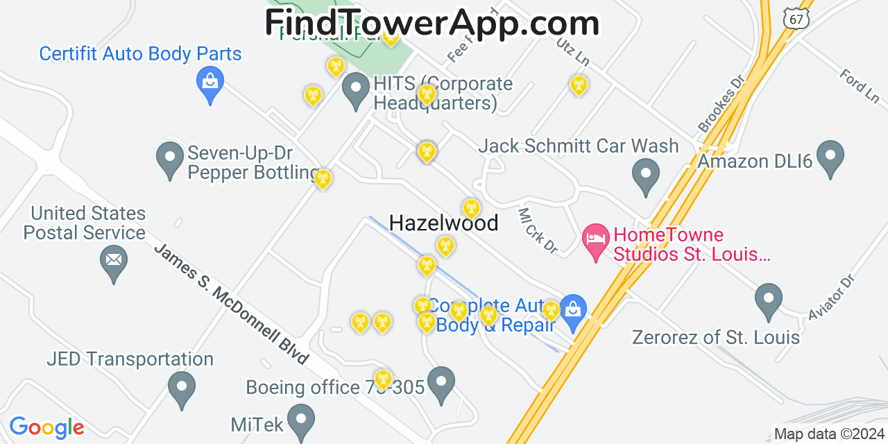 AT&T 4G/5G cell tower coverage map Hazelwood, Missouri