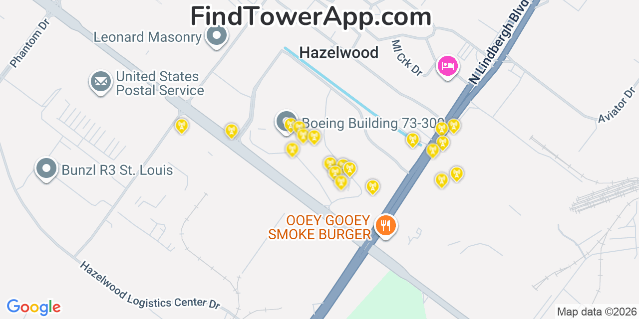 Map showing the 20 primary cell tower locations detected in Hazelwood, Missouri from AT&T, Verizon, and T-Mobile networks