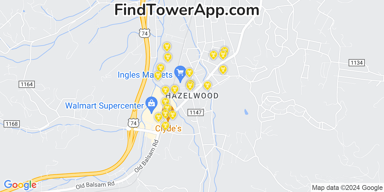 AT&T 4G/5G cell tower coverage map Hazelwood, North Carolina