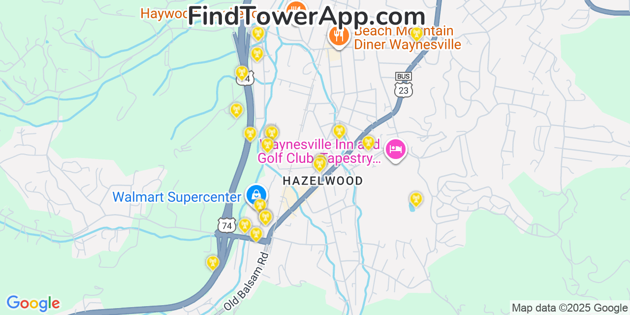 Map showing the 20 primary cell tower locations detected in Hazelwood, North Carolina from AT&T, Verizon, and T-Mobile networks