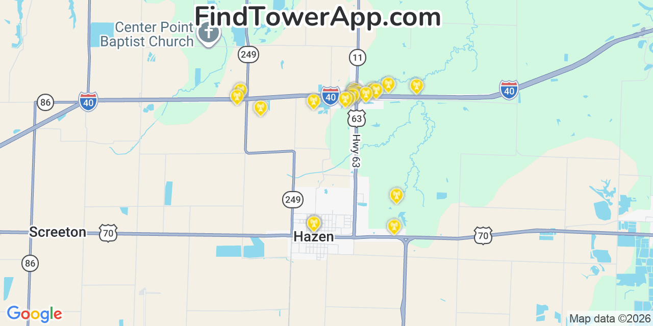 Map showing the 20 primary cell tower locations detected in Hazen, Arkansas from AT&T, Verizon, and T-Mobile networks