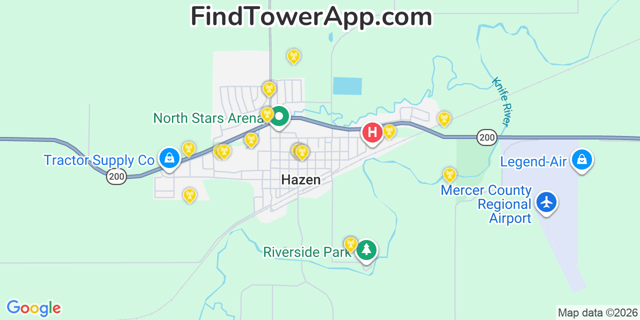 Map showing the 20 primary cell tower locations detected in Hazen, North Dakota from AT&T, Verizon, and T-Mobile networks