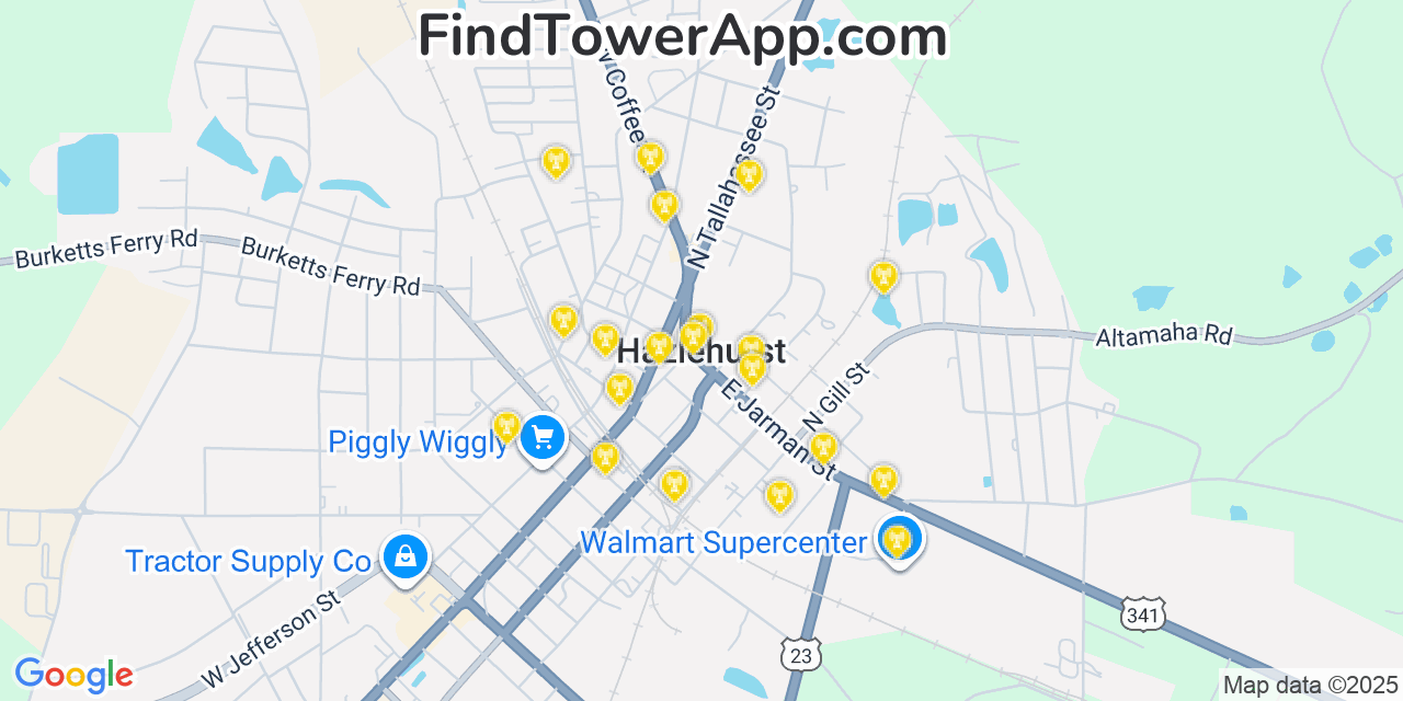 Map showing the 20 primary cell tower locations detected in Hazlehurst, Georgia from AT&T, Verizon, and T-Mobile networks